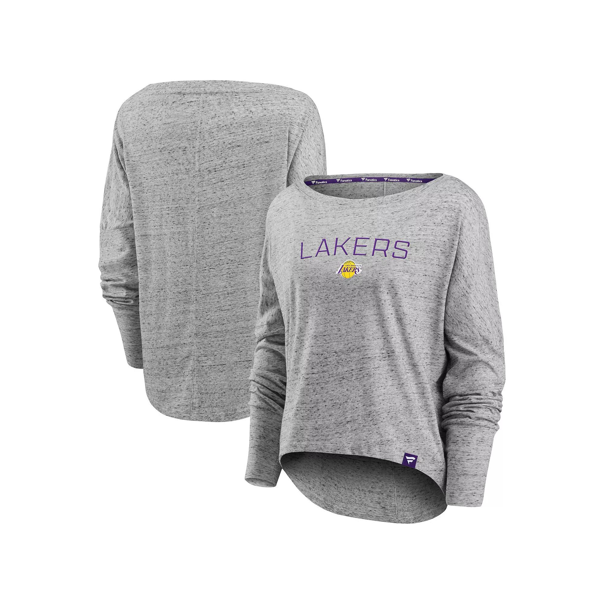 Women's Fanatics Branded Heathered Gray Los Angeles Lakers Nostalgia Off-The-Shoulder Long Sleeve T-Shirt,  Product Image
