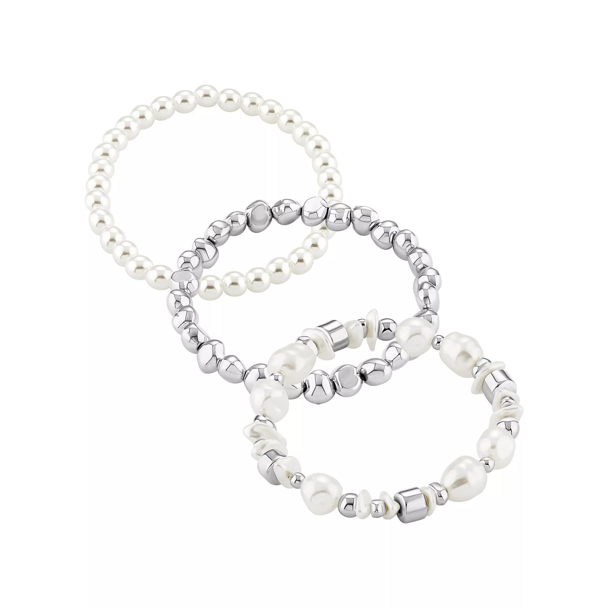 Emberly Silver Tone 3-Piece Simulated Multi Pearl Stretch Bracelet Set, Women's, White Product Image