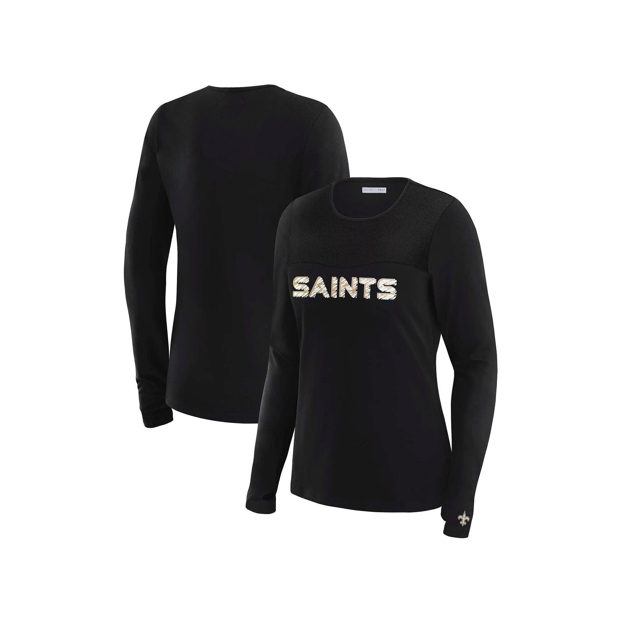Women's WEAR by Erin Andrews x Gracie Hunt Black Denver Broncos Mesh Panel Long Sleeve T-Shirt,  Product Image