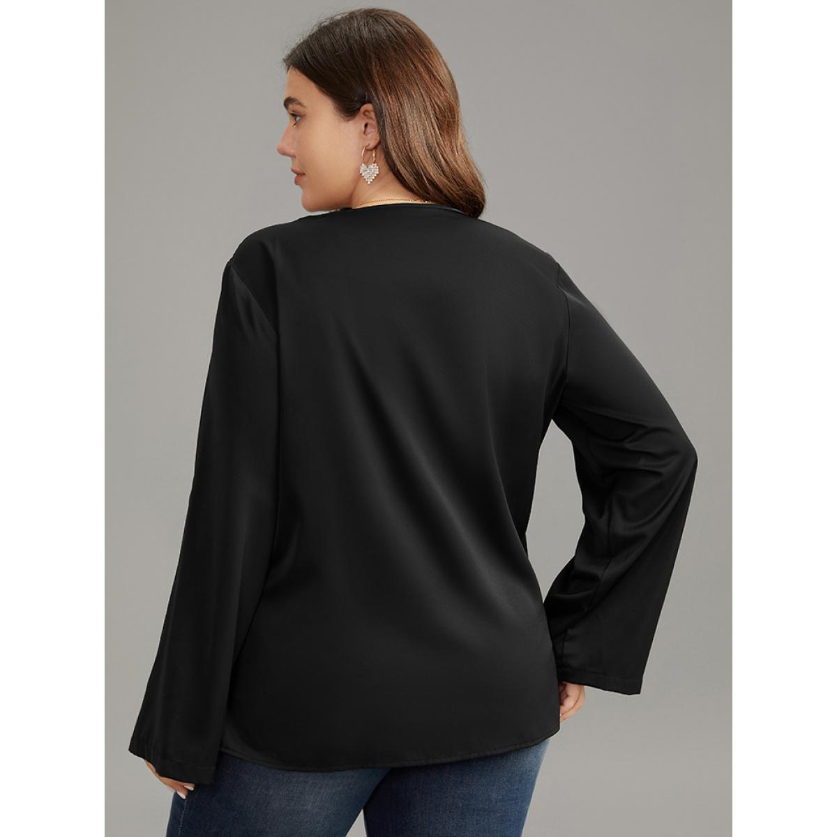 Plus Size Black Plain Tab Sleeve Wrap Pleated Blouse Women Work From Home Long Sleeve V-neck Office Blouses BloomChic 26/4X Product Image