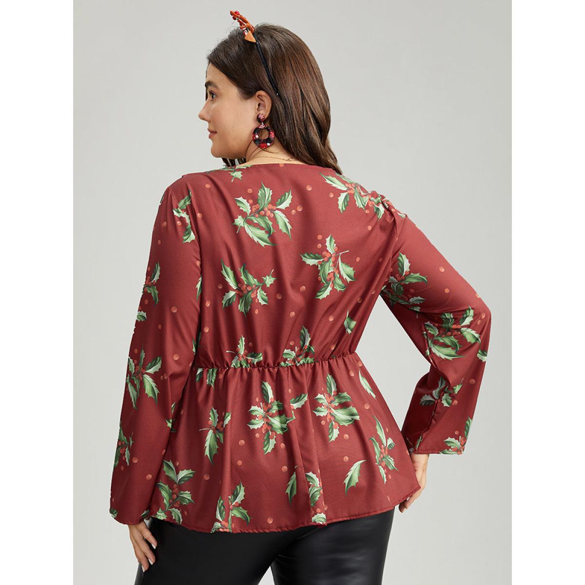 Plus Size Scarlet Plants Print Knot Neck Flutter Trim Blouse Women Elegant Long Sleeve V-neck Festival-Christmas Blouses BloomChic 22-24/3X Product Image