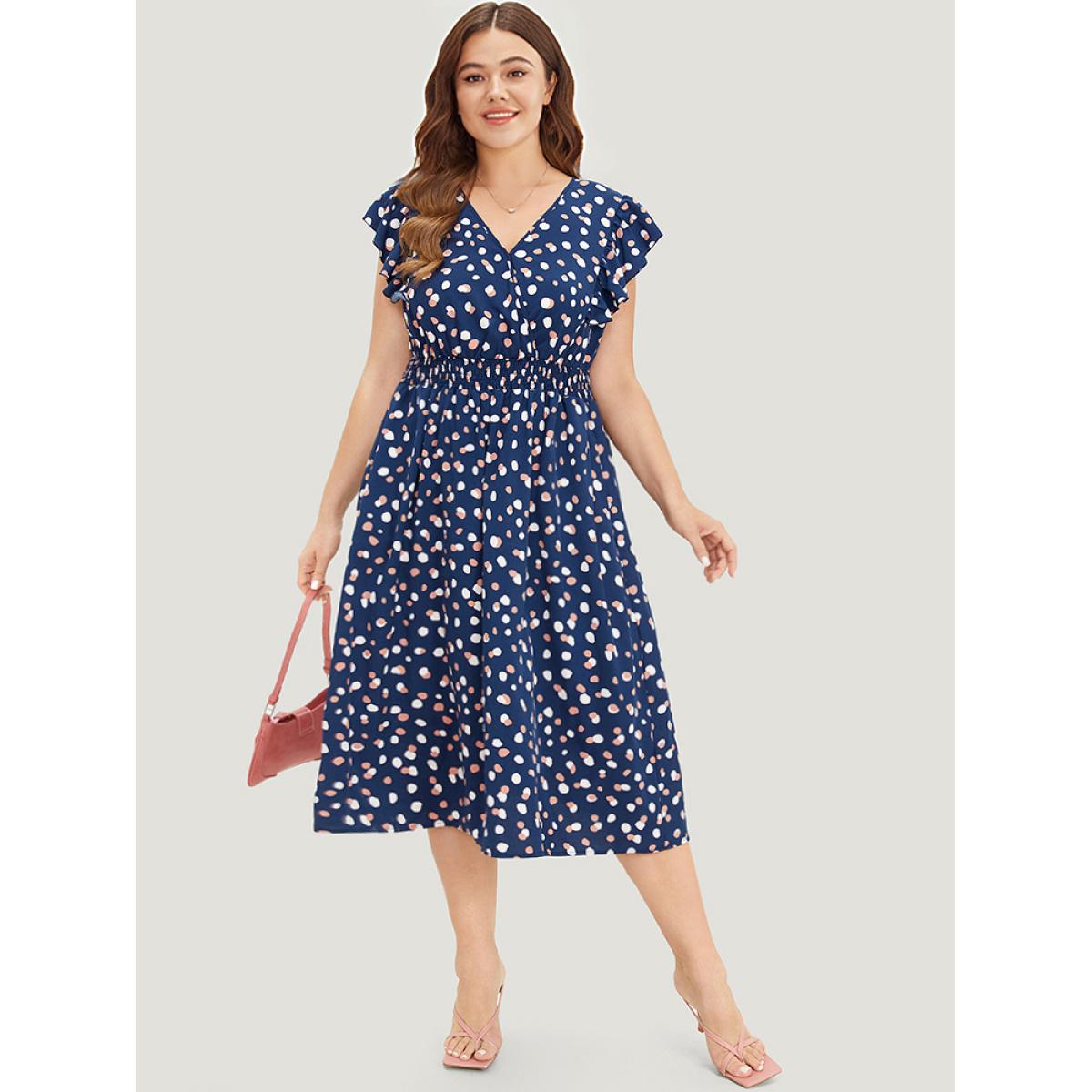 Plus Size Allover Print Pocket Wrap Flutter Cap Sleeve Dress DarkBlue Women Office Wrap V-neck Sleeveless Curvy Midi Dress BloomChic 22-24/3X Product Image