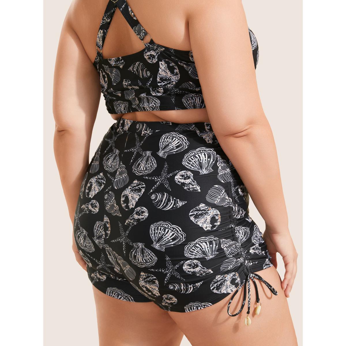Plus Size Shell Print Drawstring Side Skinny Swim Bottom Women's Swimwear Black Beach Drawstring High stretch Skinny High Rise Curve Swim Bottoms BloomChic 14-16/1X Product Image