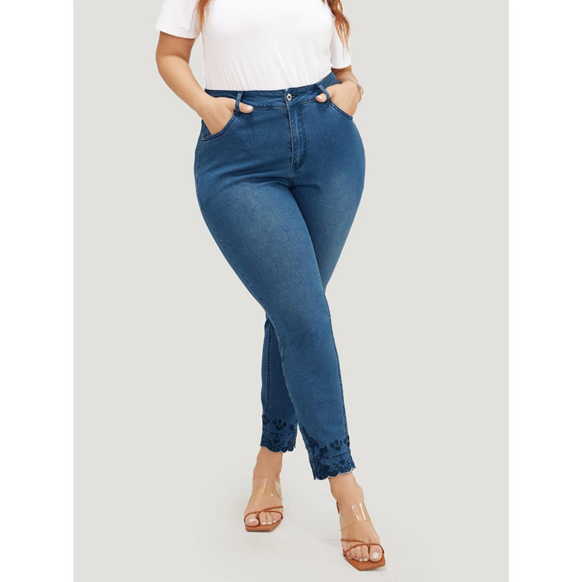 Plus Size Very Stretchy High Rise Medium Wash Embroidered Scalloped Hem Jeans Women Blue Casual Plain Embroidered High stretch Pocket Jeans BloomChic 12/L Product Image