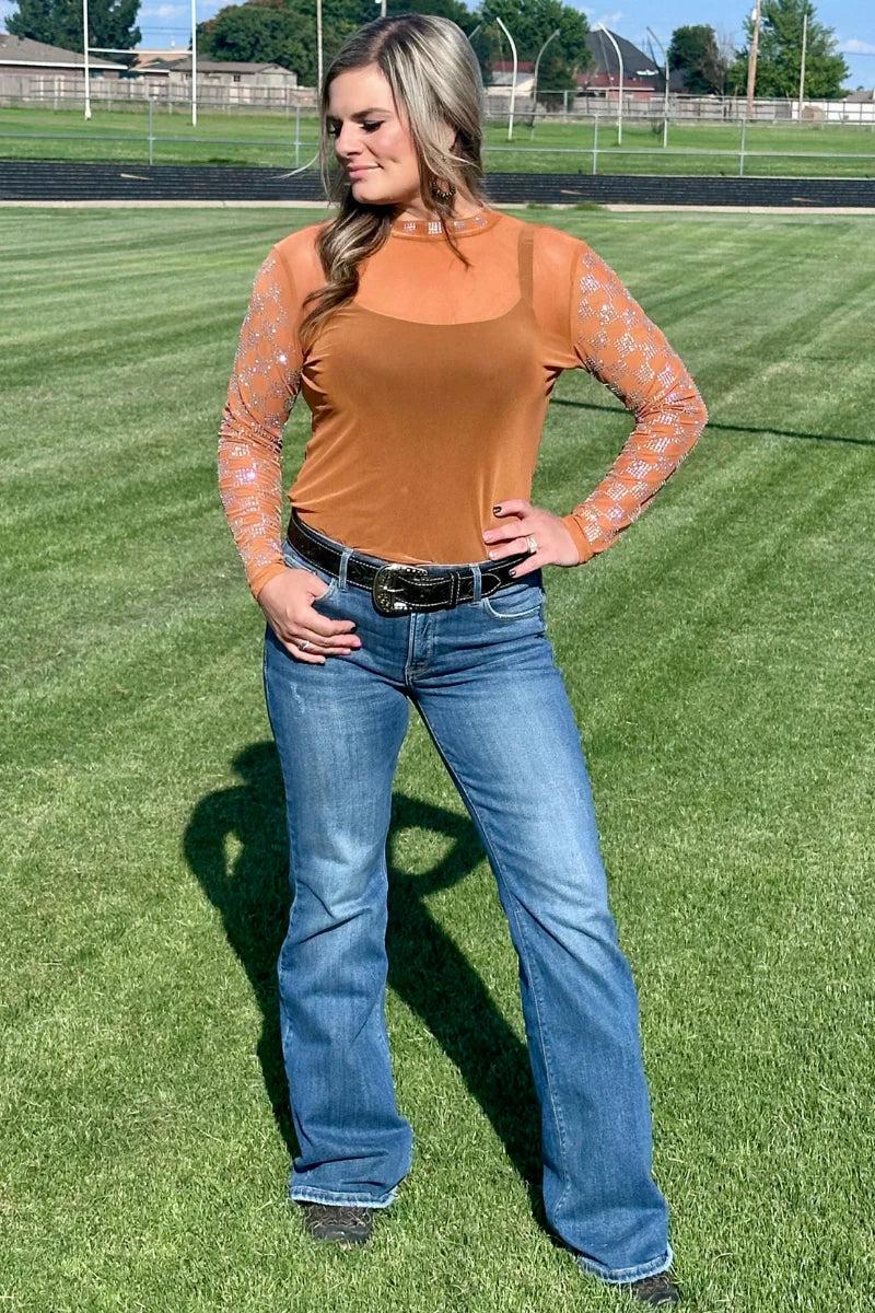 Sterling Kreek Checked In Burnt Orange Mesh Top Product Image