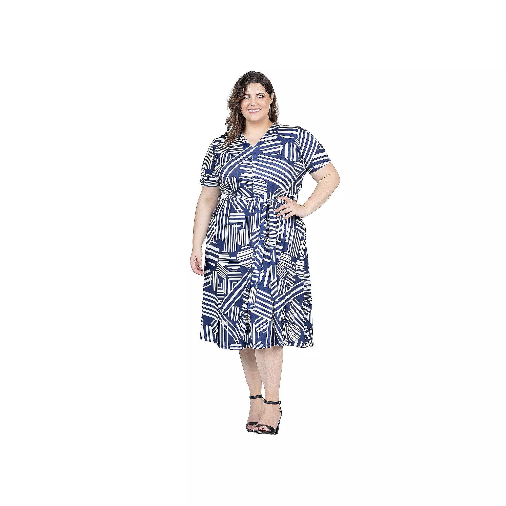 Plus Size 24Seven Comfort Apparel Short Sleeve Tie Waist Midi Dress, Women's, Size: 3XL, Blue Team Product Image