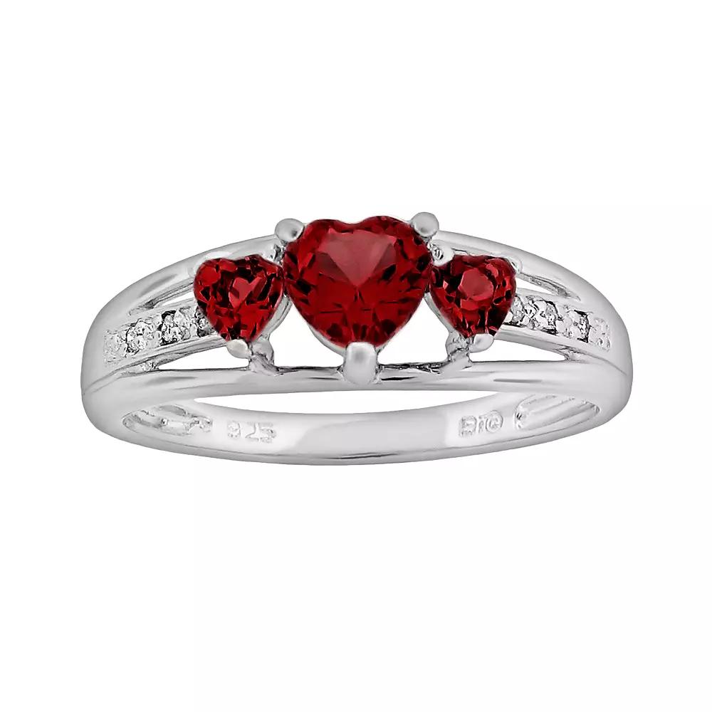 Gemminded Sterling Silver Garnet and Diamond Accent Heart 3-Stone Ring, Women's, Size: 6, Red Product Image