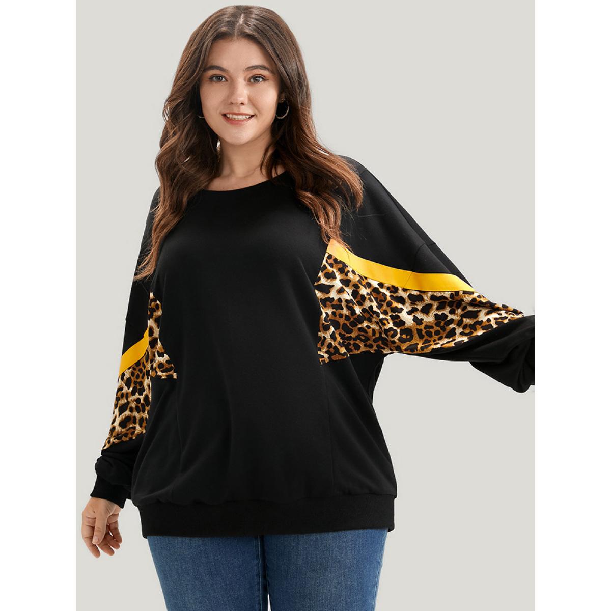 Plus Size Leopard Patchwork Contrast Lantern Sleeve Sweatshirt Women Black Casual Contrast Round Neck Dailywear Sweatshirts BloomChic 10/M Product Image
