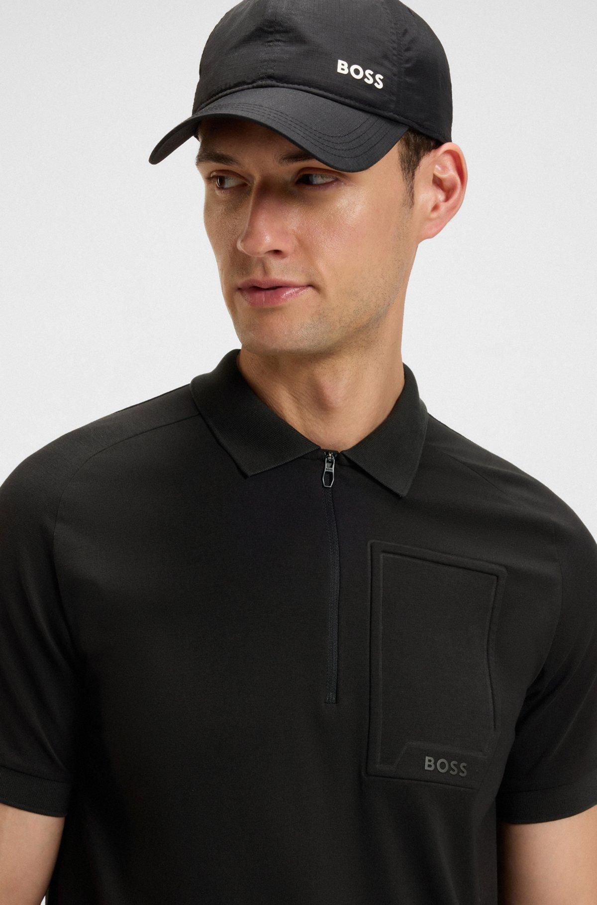 BOSS - Zip-neck polo shirt in moisture-wicking stretch cotton - Black Product Image