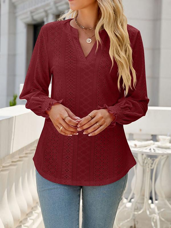 Long Sleeves Loose Elasticity Hollow Solid Color V-Neck T-Shirts Tops Product Image