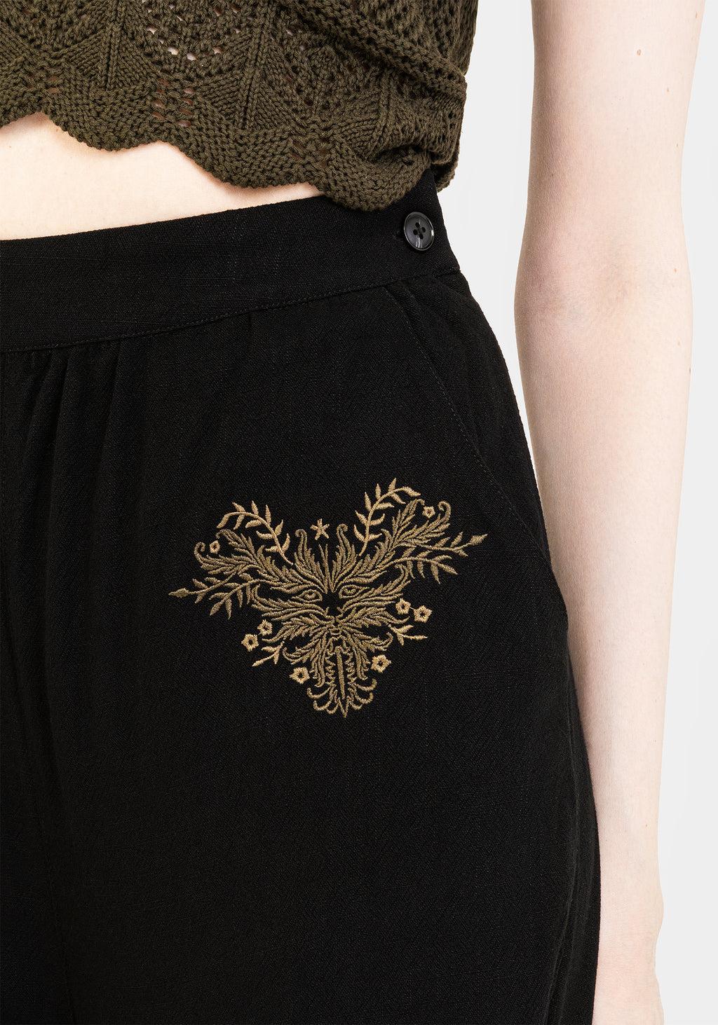 Foliate Linen-Blend Embroidered Wide Leg Trousers - Black Product Image