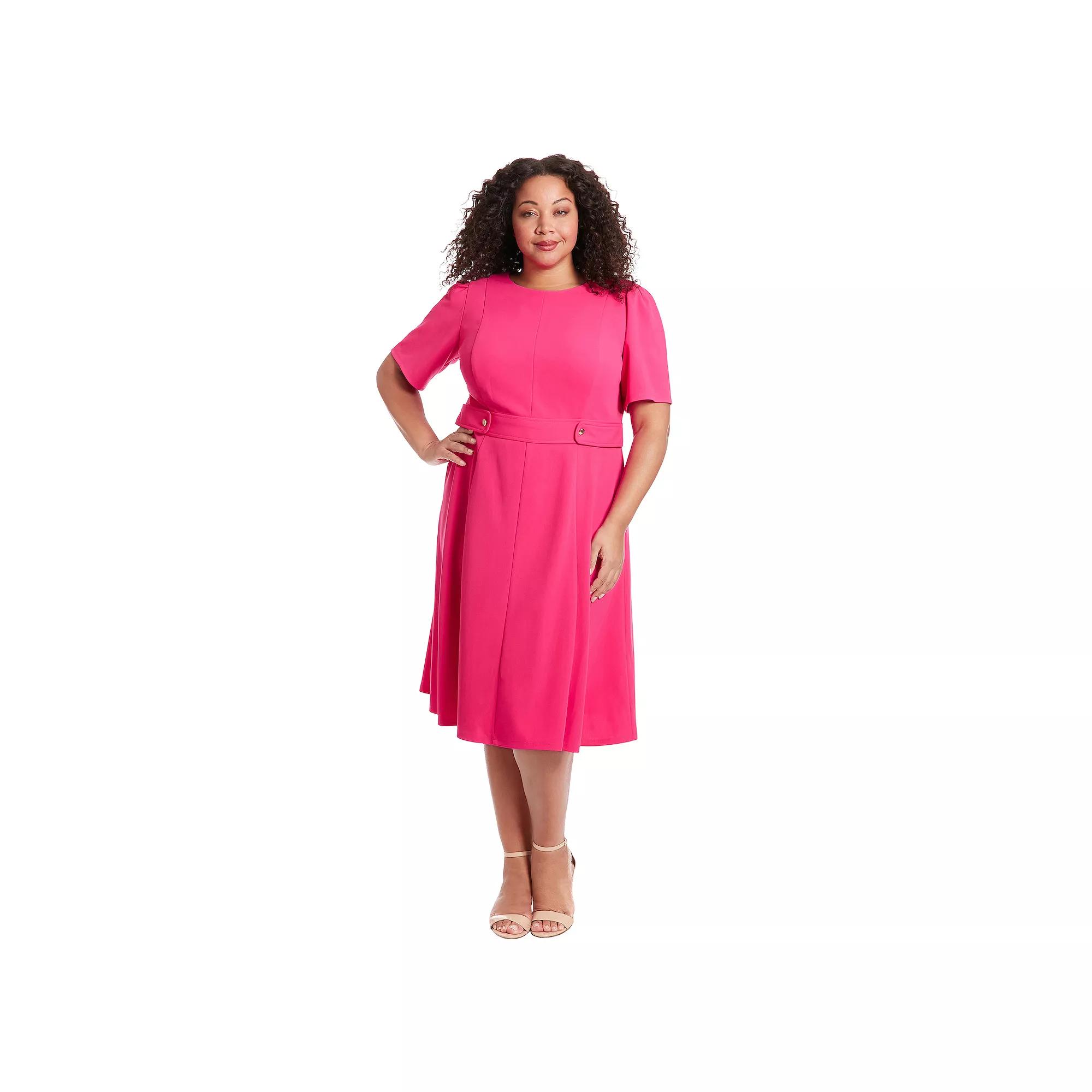 Plus Size London Times Short Sleeve Fit & Flare Midi Dress, Women's, Size: 20 W, Bright Pink Product Image