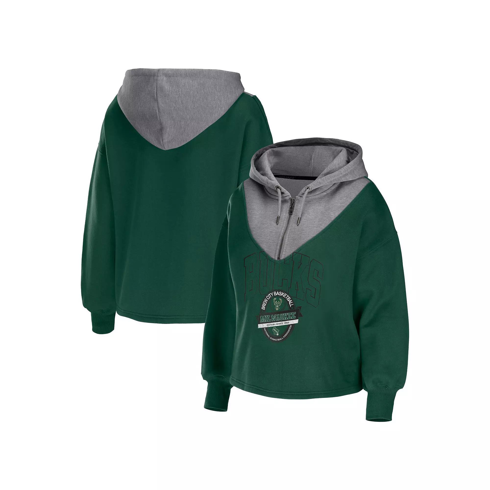 Women's WEAR by Erin Andrews Hunter Green Milwaukee Bucks Pieced Quarter-Zip Hoodie Jacket,  Product Image