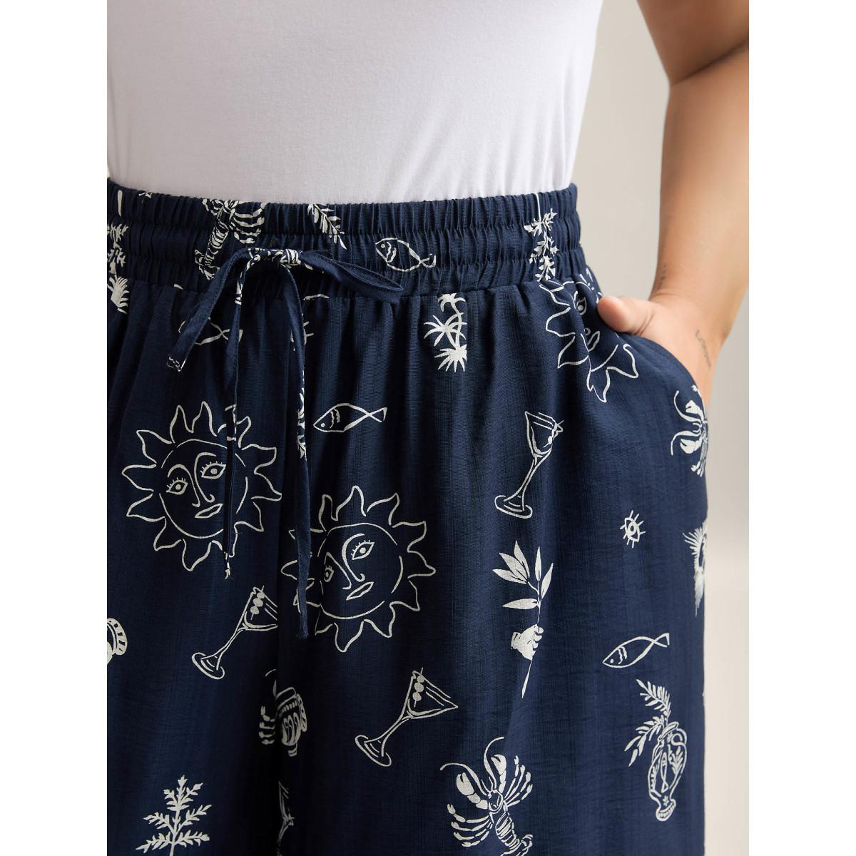 Plus Size Marine Print Flowy Wide-Leg Pants Women Indigo Resort Wide Leg Mid Rise Vacation Pants BloomChic 14-16/1X Product Image