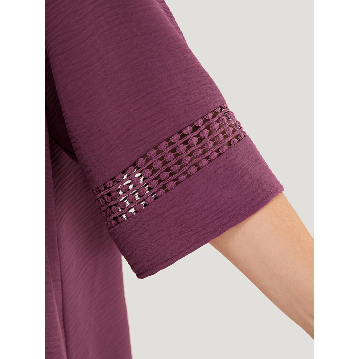 Plus Size Mauve Solid Gathered Lace Patchwork Blouse Women Elegant Elbow-length sleeve Round Neck Dailywear Blouses BloomChic 28/5X Product Image