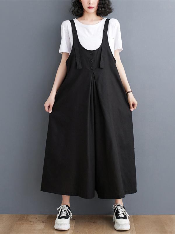 Ninth Pants Wide Leg Buttoned Solid Color Spaghetti-Neck Overalls Product Image