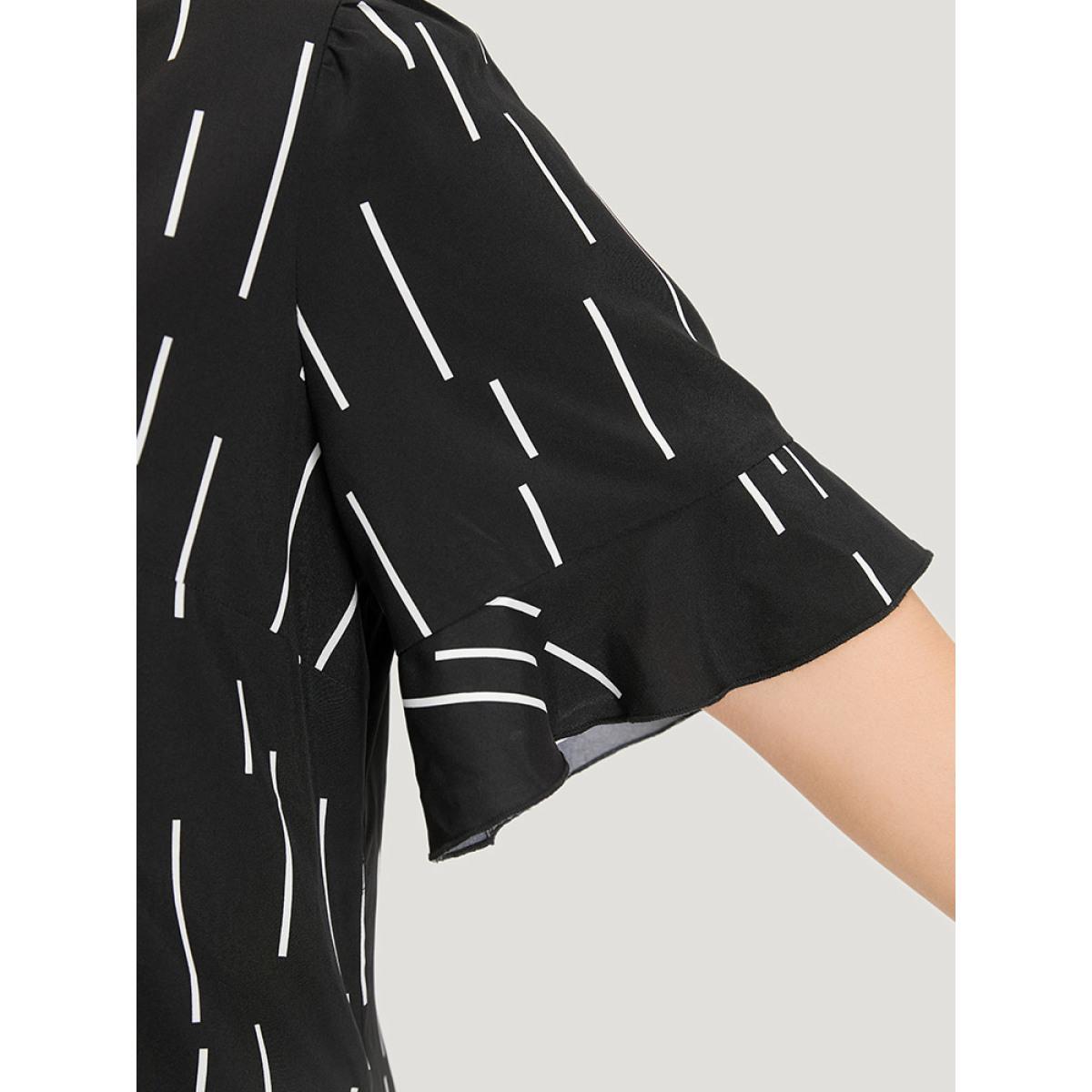 Plus Size Line Print Notched Bell Sleeve Ruffle Hem Dress Black Women Office Plain Notched collar Half Sleeve Curvy Midi Dress BloomChic 18-20/2X Product Image