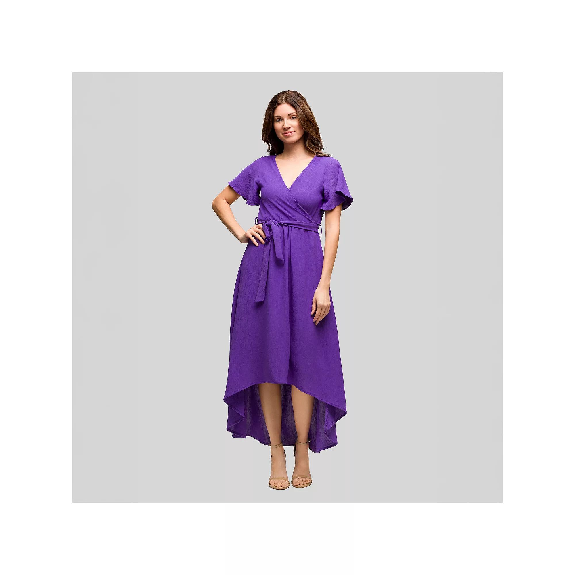 Women's 24Seven Comfort Apparel V-Neck Belted Faux Wrap High-Low Dress,  Product Image