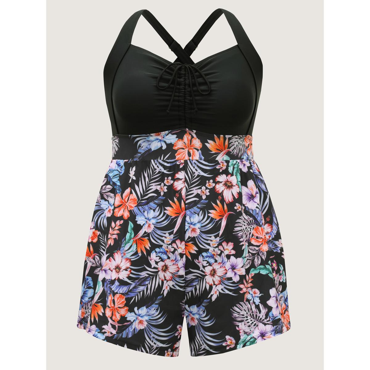 Plus Size Tropical Print Drawstring Pockets Swim Romper Women's Swimwear Black Beach Drawstring Curve Bathing Suits High stretch One Pieces BloomChic 18-20/2X Product Image
