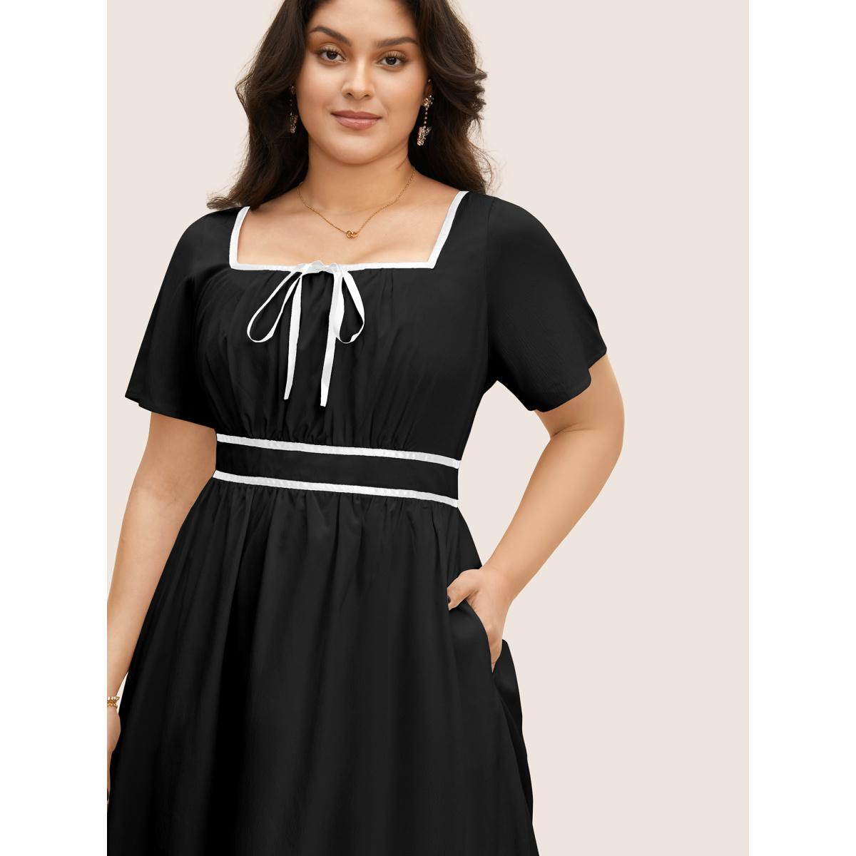 Plus Size Contrast Trim Tie Knot Elastic Waist Dress Black Women Elegant Tie knot Square Neck Short sleeve Curvy BloomChic 14-16/1X Product Image