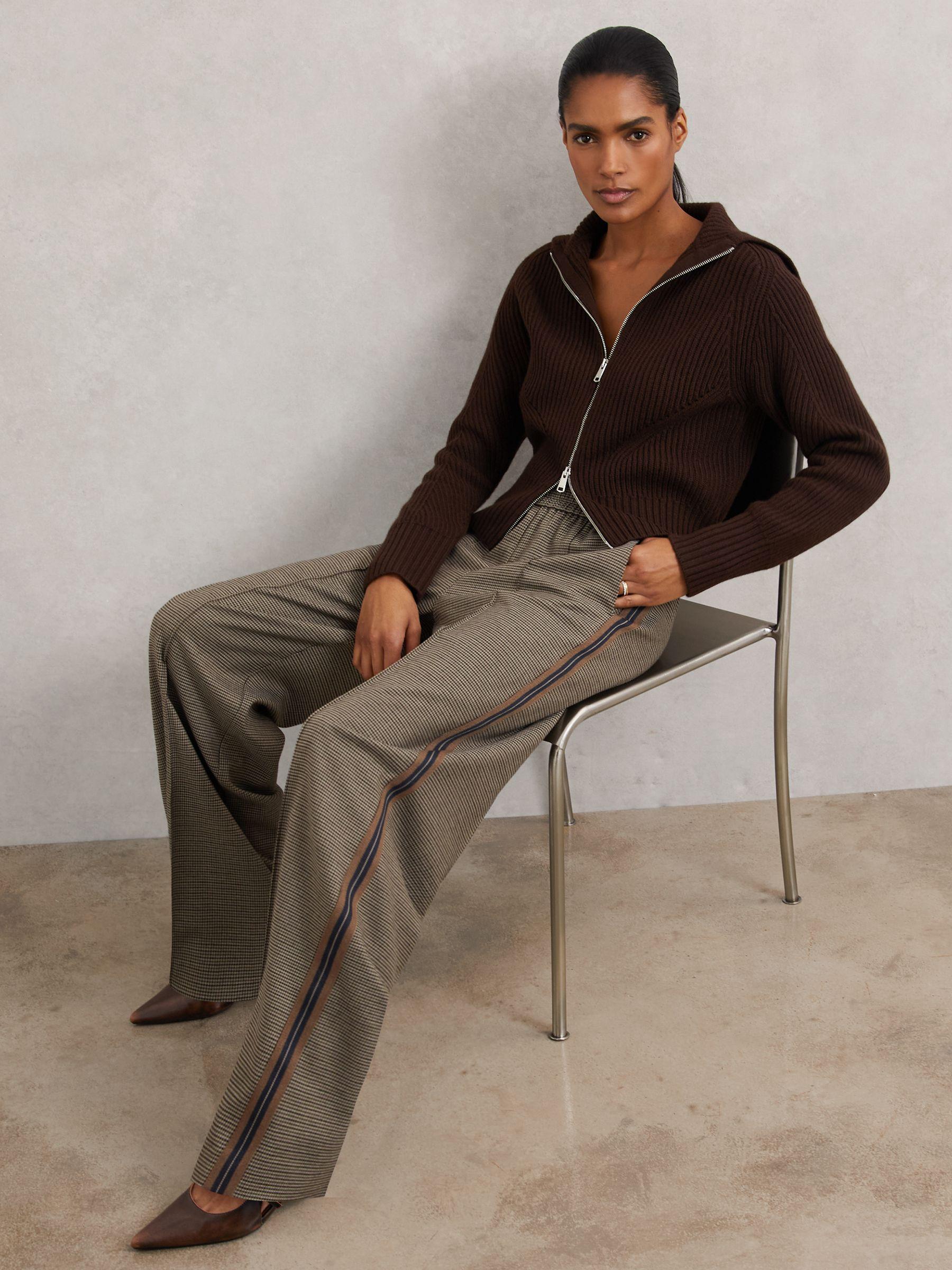 Side-Stripe Wide-Leg Check Trousers in Neutral Check Product Image