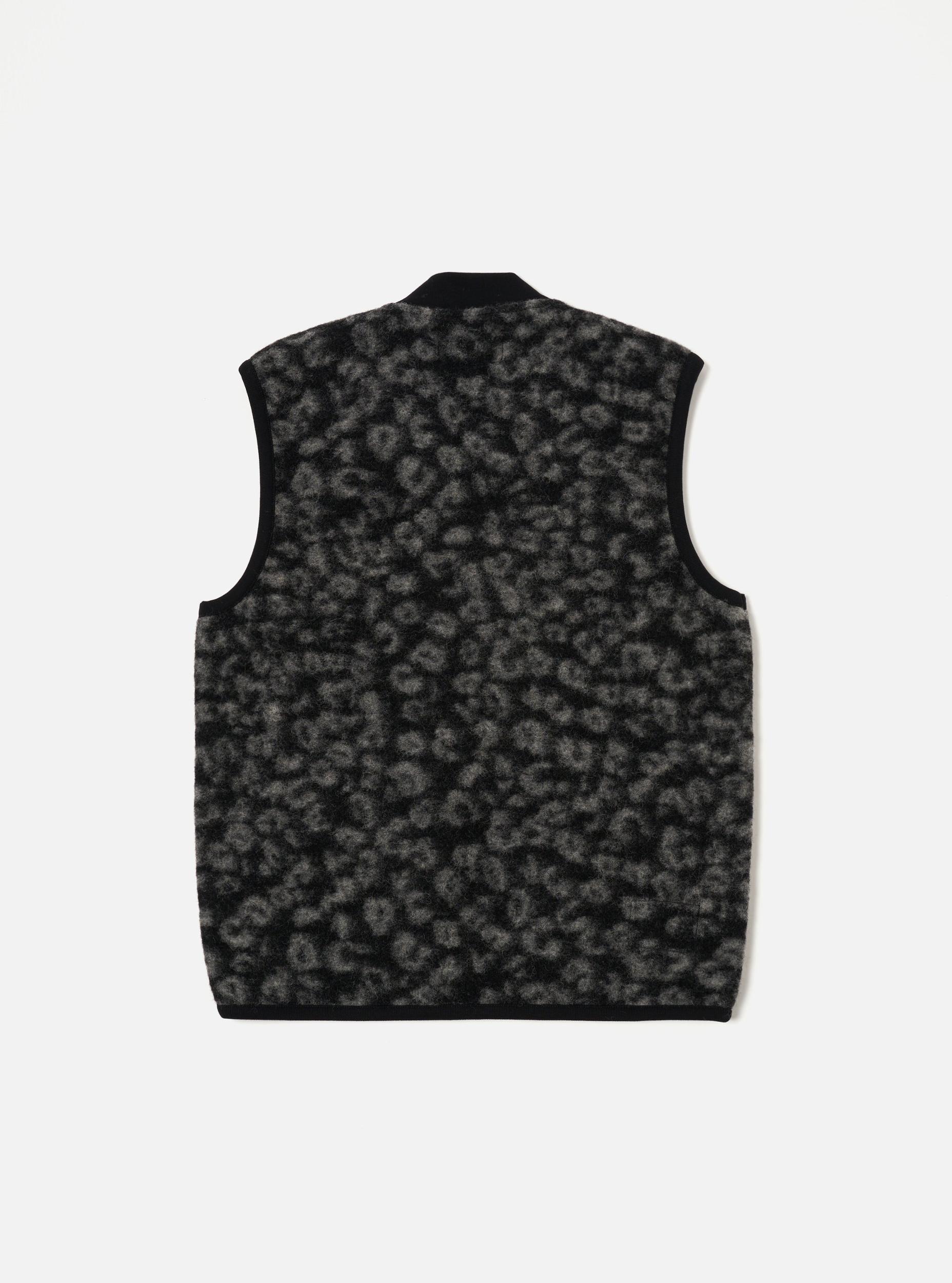 Universal Works Zip Waistcoat in Black/Charcoal Leopard Fleece Product Image