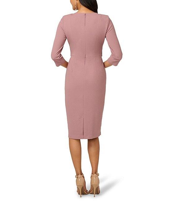 Adrianna Papell Stretch Crepe Crew Neck Tie Waist 3/4 Sleeve Midi Sheath Dress Product Image