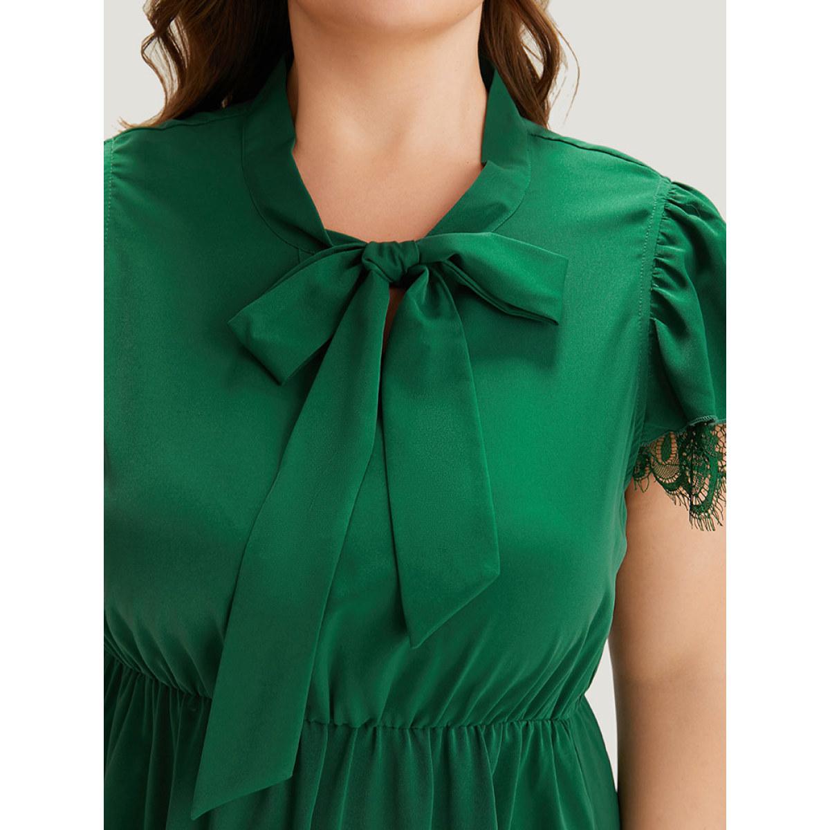 Plus Size Solid Knot Neck Pocket Eyelet Lace Dress Green Women Office Plain Tie Neck Sleeveless Curvy Midi Dress BloomChic 22-24/3X Product Image