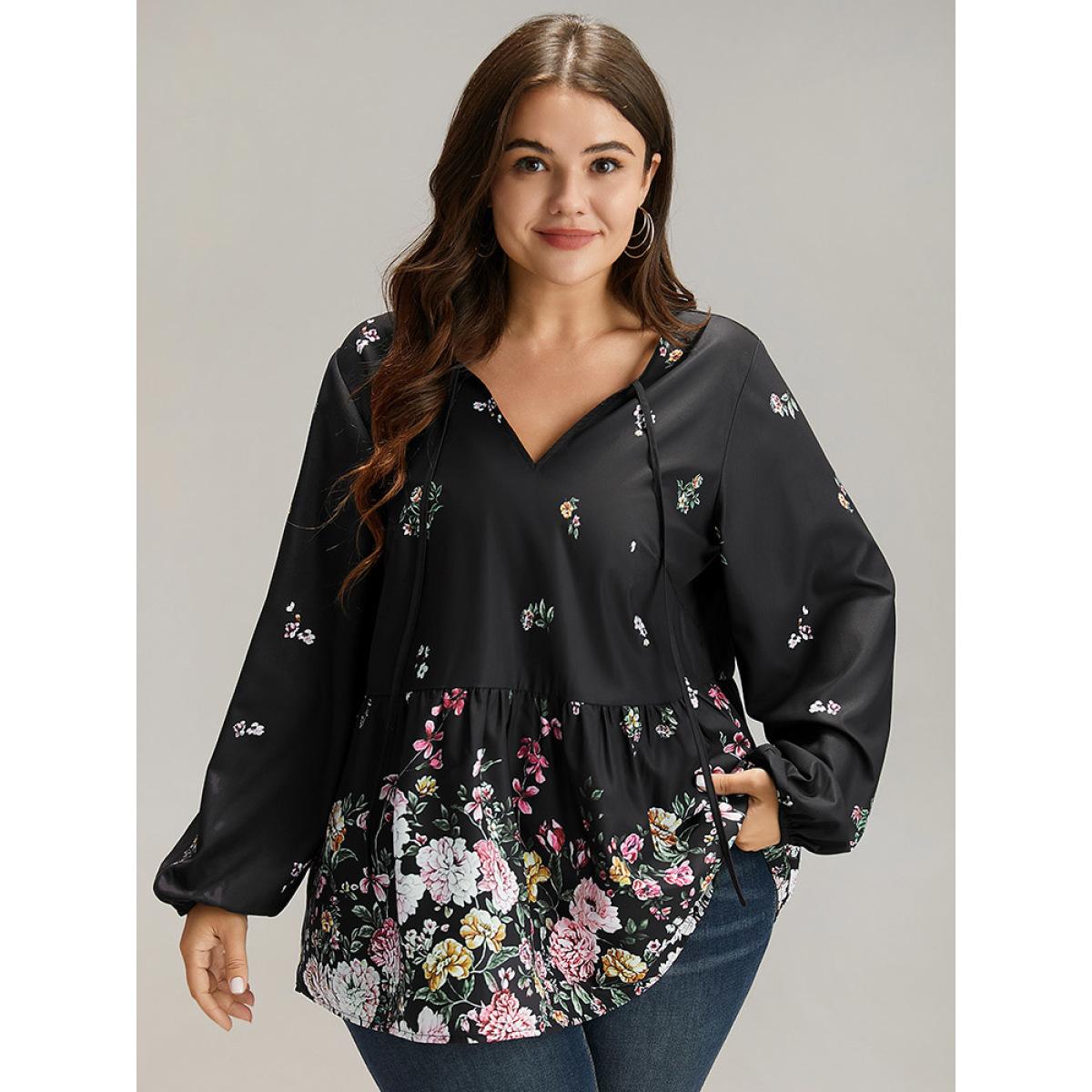 Plus Size BlackFlower Floral Print Tie Neck Blouse Women Elegant Long Sleeve V-neck Dailywear Blouses BloomChic 18-20/2X Product Image