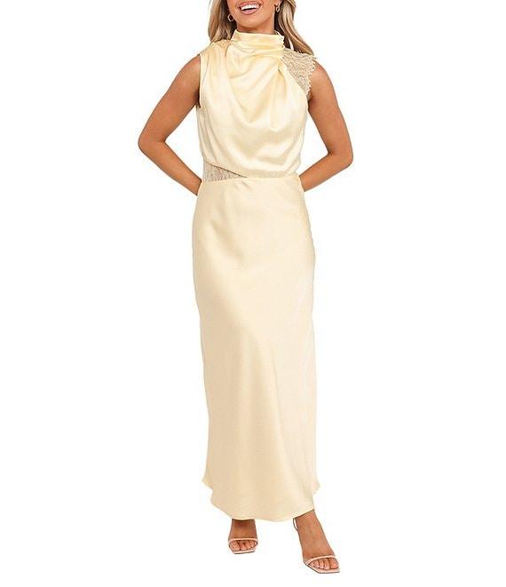 Petal & Pup Anabelle Satin Asymmetric Halter Neck Lace Sleeveless Shift Midi Dress Product Image