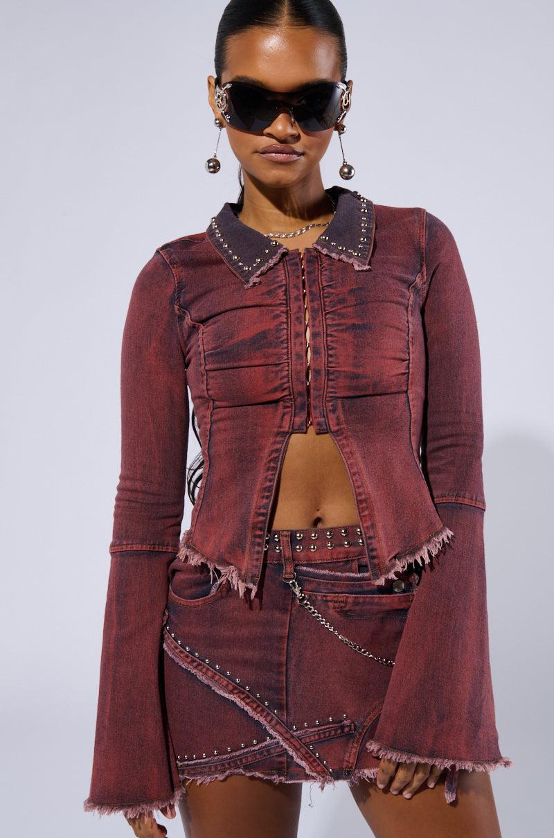 PULL A LOOK DISTRESSED DENIM TOP IN RED Product Image