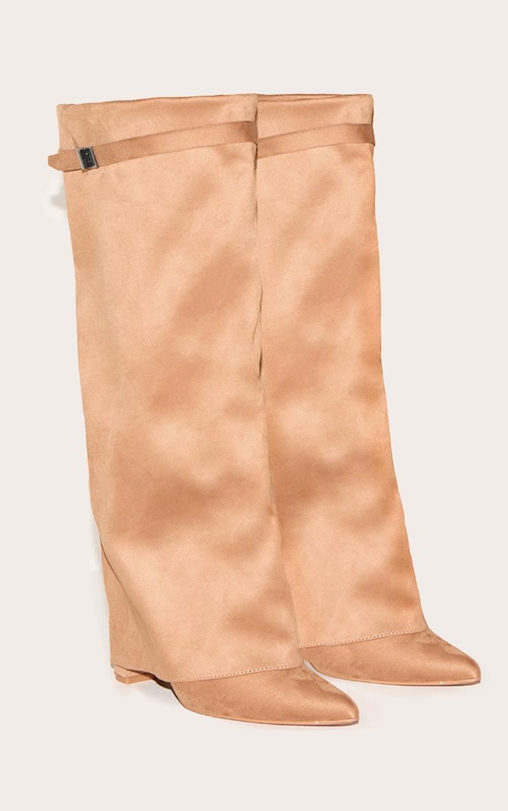 Camel Faux Suede Point Toe Fold Over Knee Block Heeled Boots Product Image