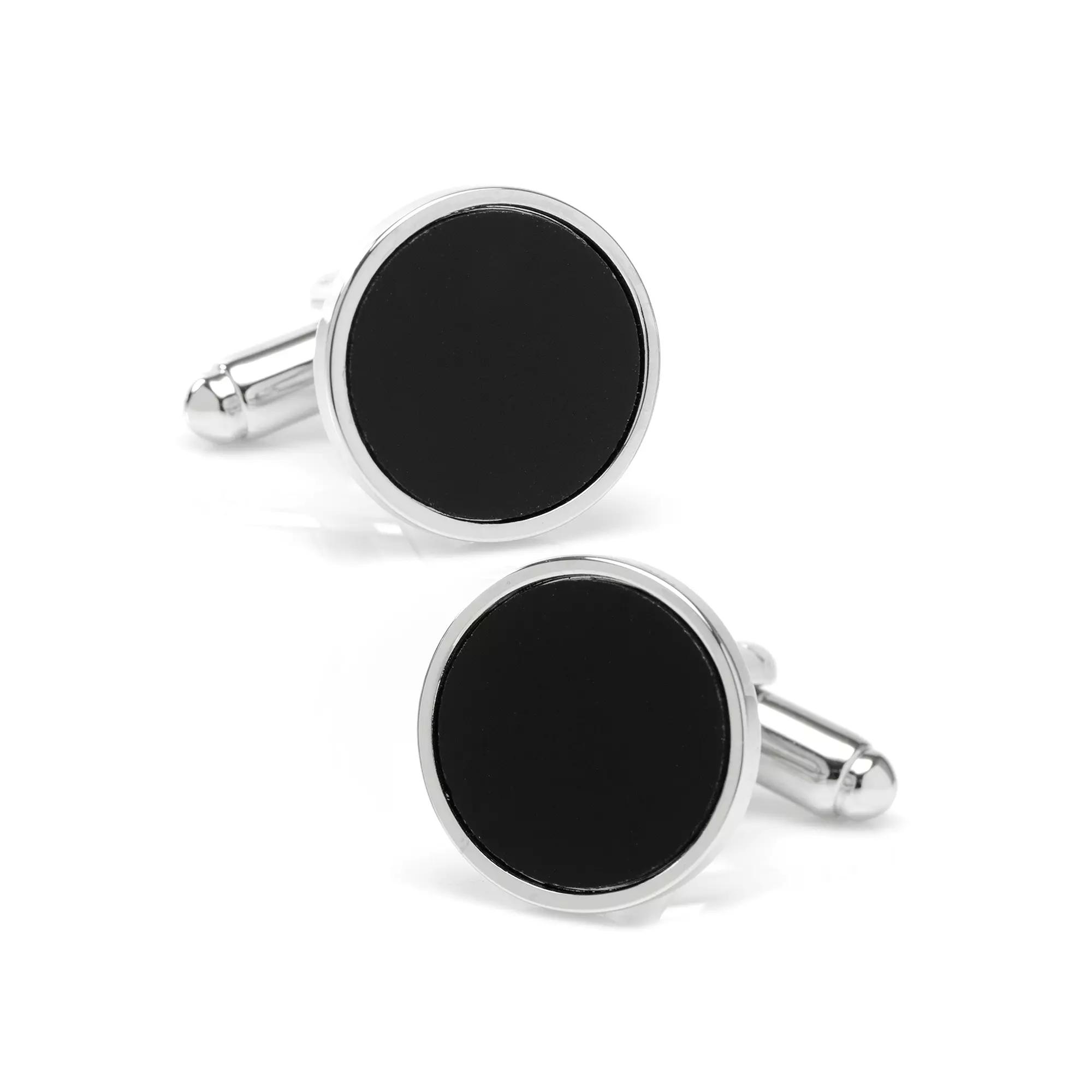 Men's Round Silver Cufflink with Onyx Inlay, Black Product Image