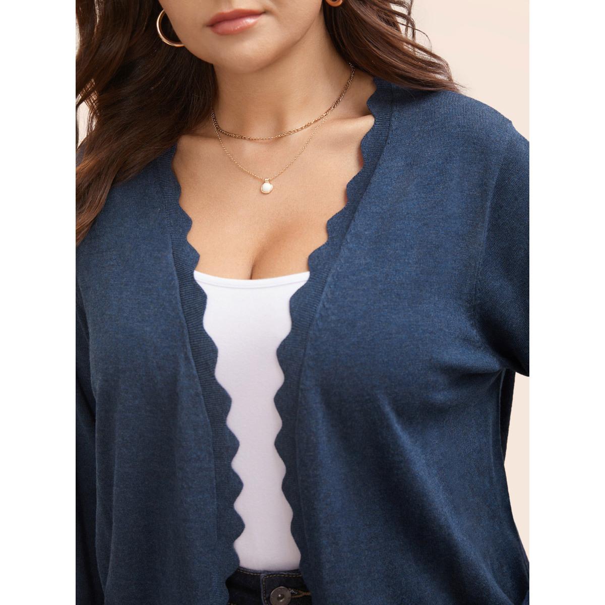 Plus Size Supersoft Essentials Solid Scalloped Trim Cardigan Midnight Women Casual Loose Long Sleeve Everyday Cardigans BloomChic 12/L Product Image