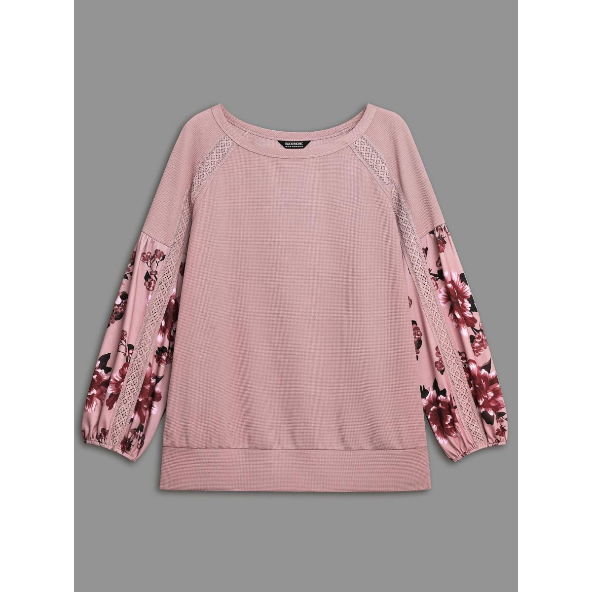 Plus Size Round Neck Floral Patchwork Woven Ribbon Sweatshirt Women Multicolor Elegant Woven ribbon&lace trim Round Neck Everyday Sweatshirts BloomChic 14-16/1X Product Image