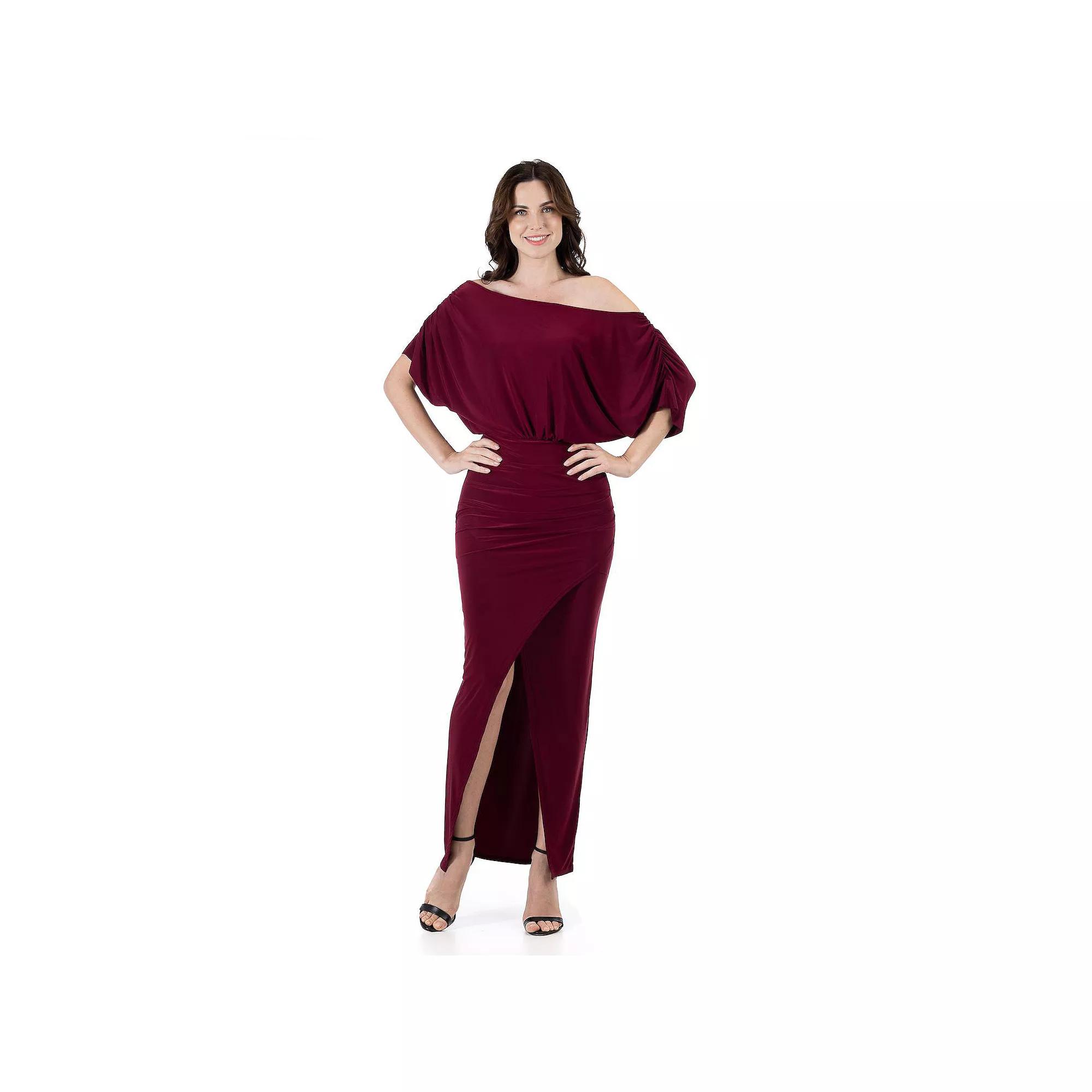 Women's 24Seven Comfort Apparel Long Sleeve Wide Boatneck Side Slit Maxi Dress,  Product Image
