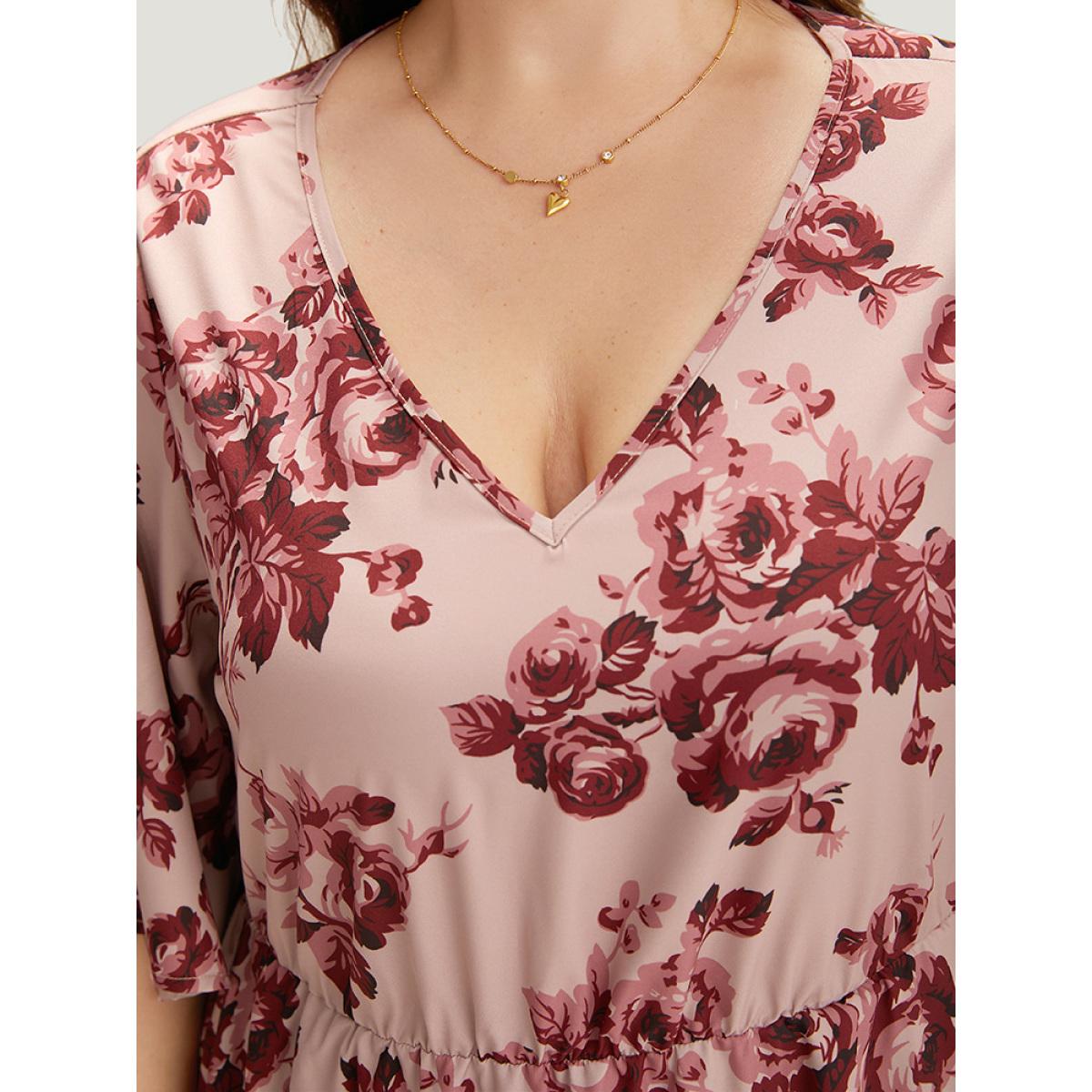 Plus Size Floral Print Pocket Flounce Sleeve Ruffle Dress DustyPink Women Elegant Printed V-neck Half Sleeve Curvy Midi Dress BloomChic 30/6X Product Image