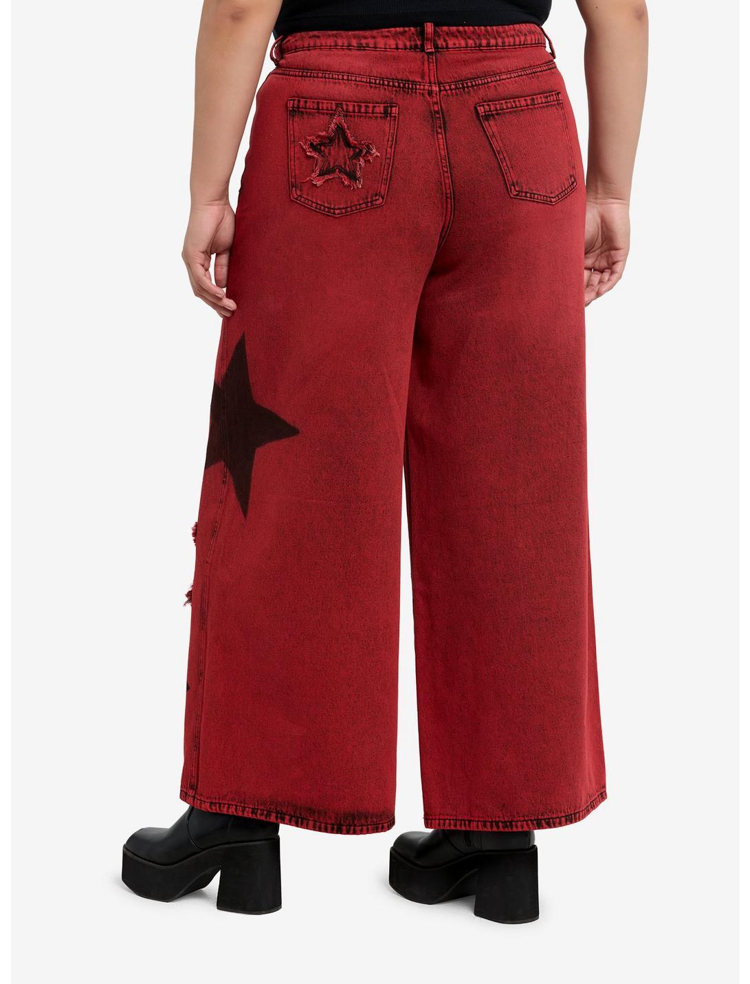 Red Wash Frayed Star Wide Leg Denim Pants Plus Size Product Image