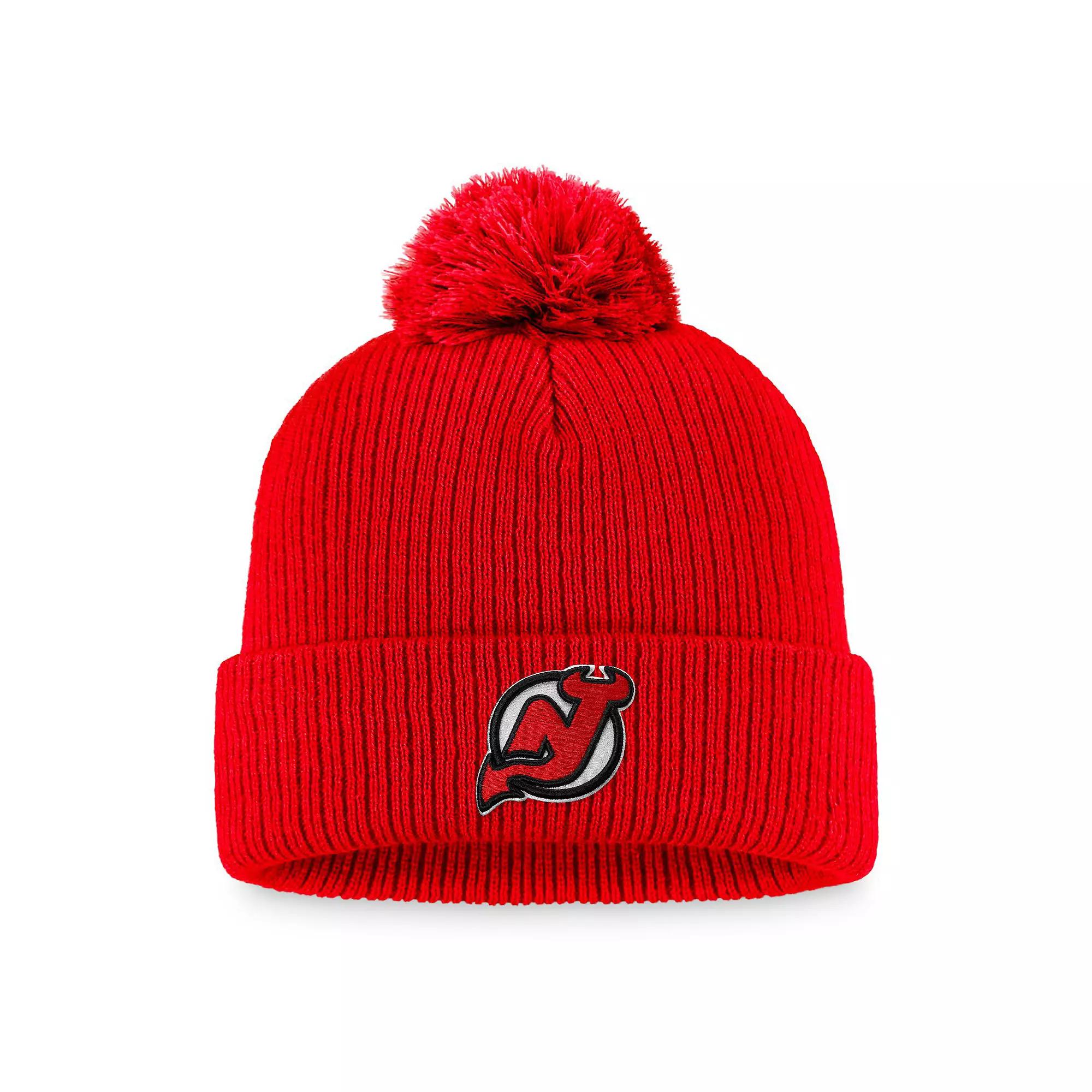 Men's Fanatics Branded Red New Jersey Devils Core Primary Logo Cuffed Knit Hat with Pom, Nhl Red Product Image