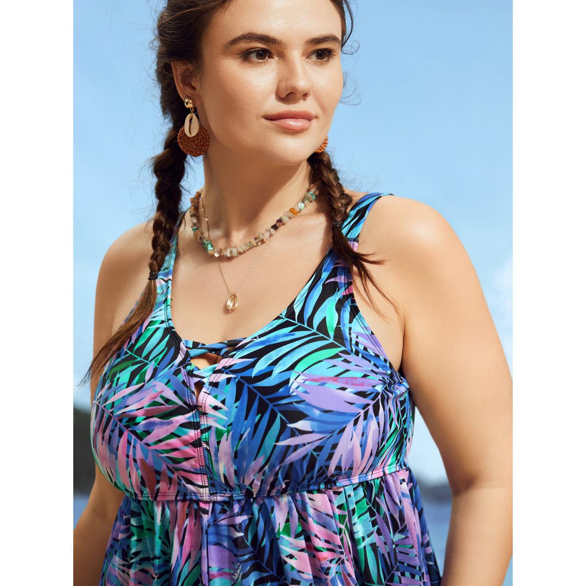 Plus Size Tropical Print Crisscross Split Hem Swim Dress Women's Swimwear Multicolor Beach Bodycon Heart neckline High stretch Curve Swim Dresses BloomChic 18-20/2X Product Image