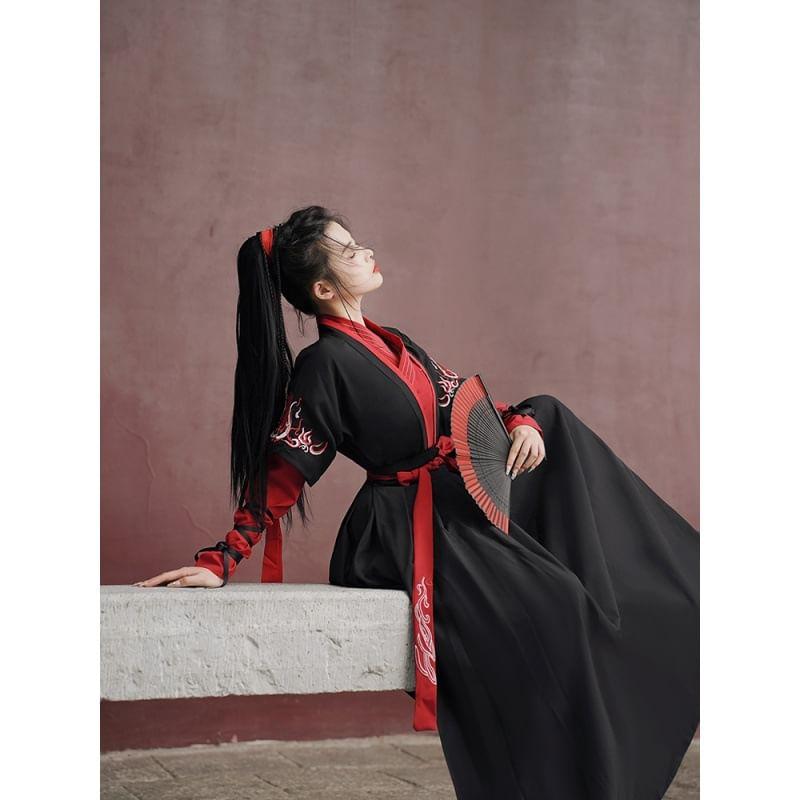 Traditional Chinese Long-Sleeve Embroidered Wrap Top / Short-Sleeve Light Jacket / Head Scarf / High Waist Maxi A-Line Skirt / Wrist Cuff / Set Product Image
