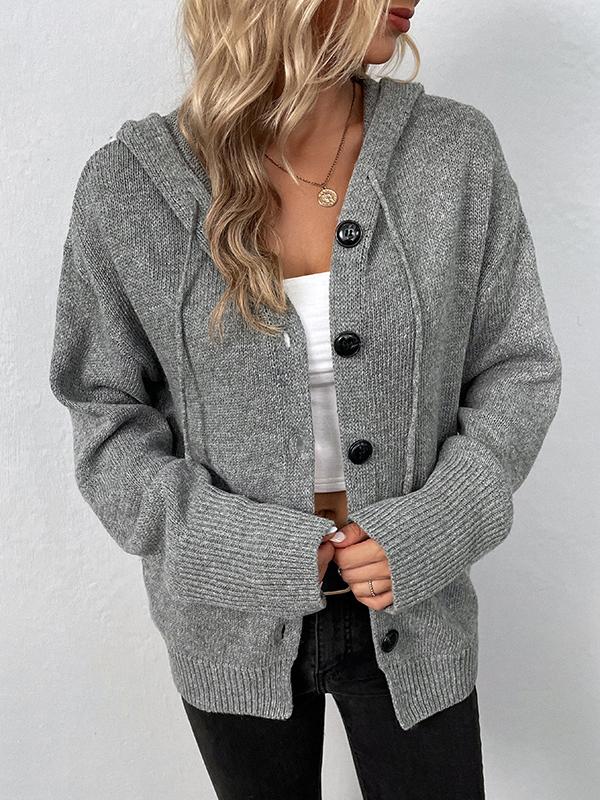 Wrap Buttoned Hooded Solid Color Cardigan Product Image