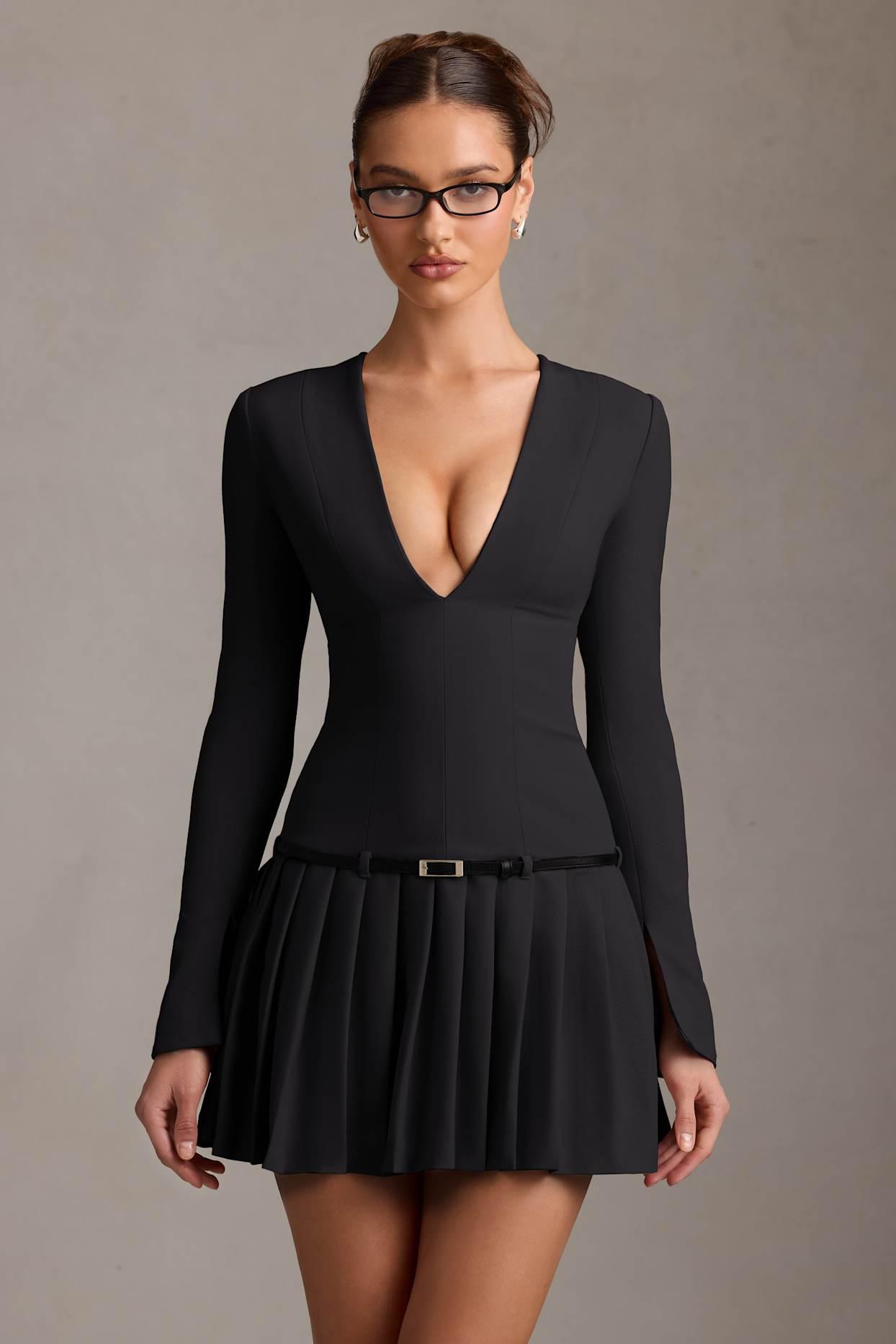 Long-Sleeve Pleated Mini Dress in Black Product Image
