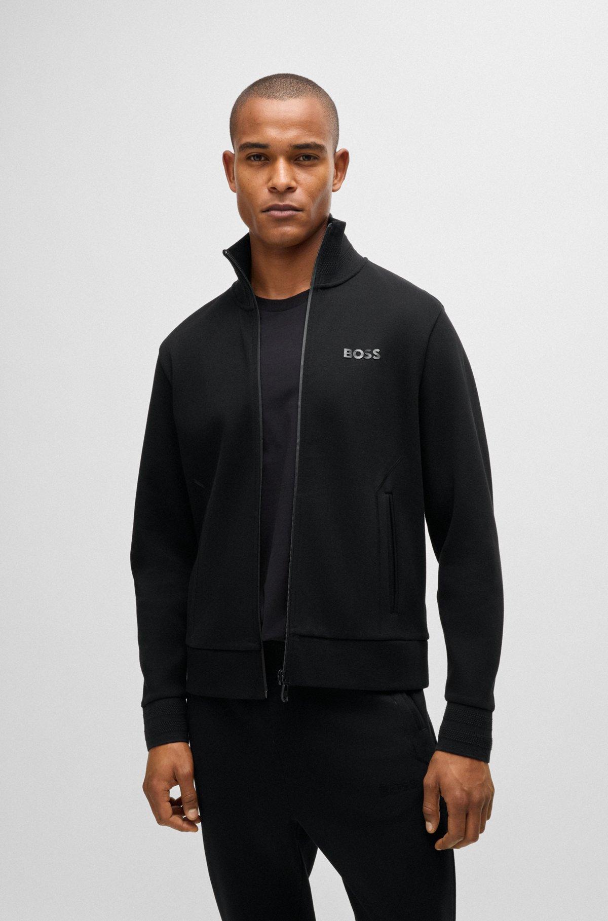 BOSS - Sweatshirt with jacquard collar and cuffs - Black Product Image