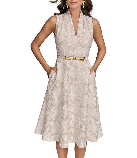 Donna Karan Jacquard V-Neck Sleeveless Belted A-Line Floral Lace Midi Dress Product Image