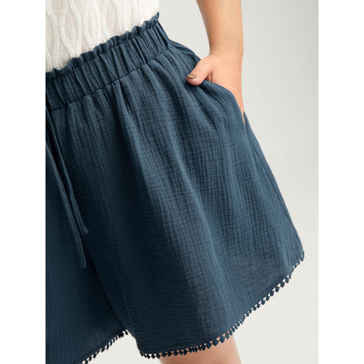 Plus Size Cotton Textured Waist Tie Wide-Leg Shorts Women Indigo Resort Drawstring Wide Leg Vacation Shorts BloomChic 30/6X Product Image