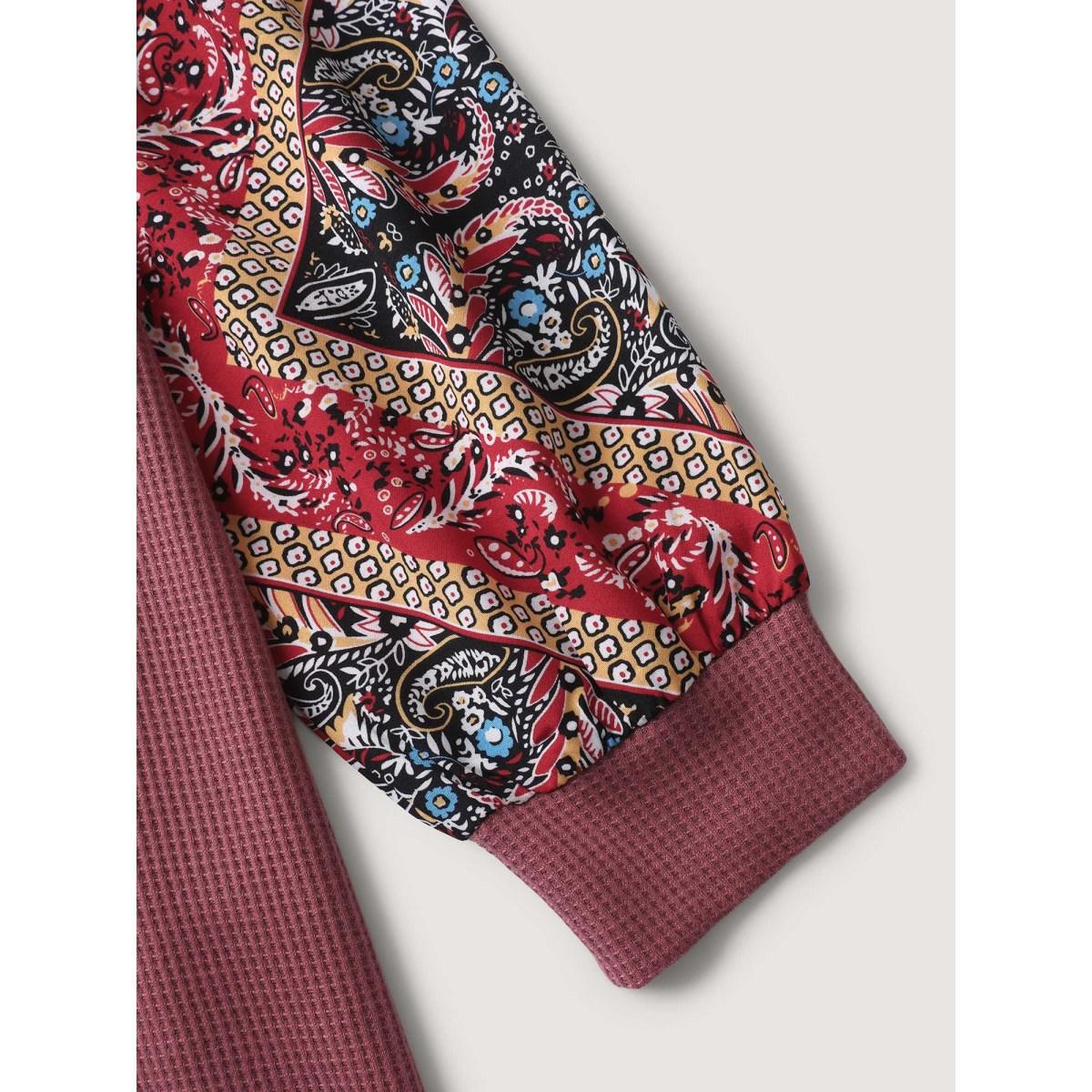 Plus Size Waffle Grid Contrast Paisley Solid Sleeve Sweatshirt Women DustyPink Texture Round Neck Casual Sweatshirts BloomChic 30/6X Product Image