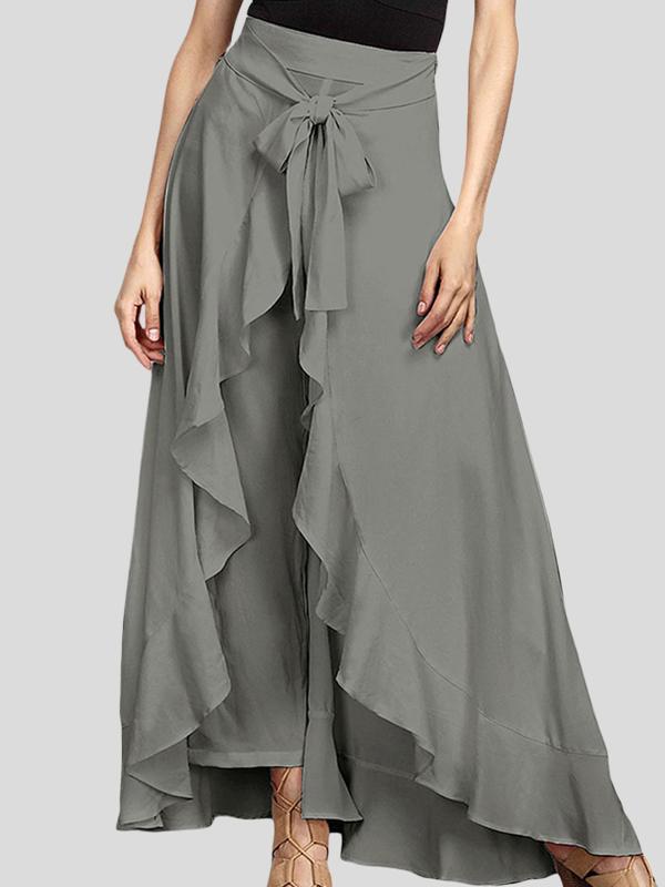 Loose Ruffle Trim Solid Color Split-Joint Tied Waist Zipper Culotte Product Image