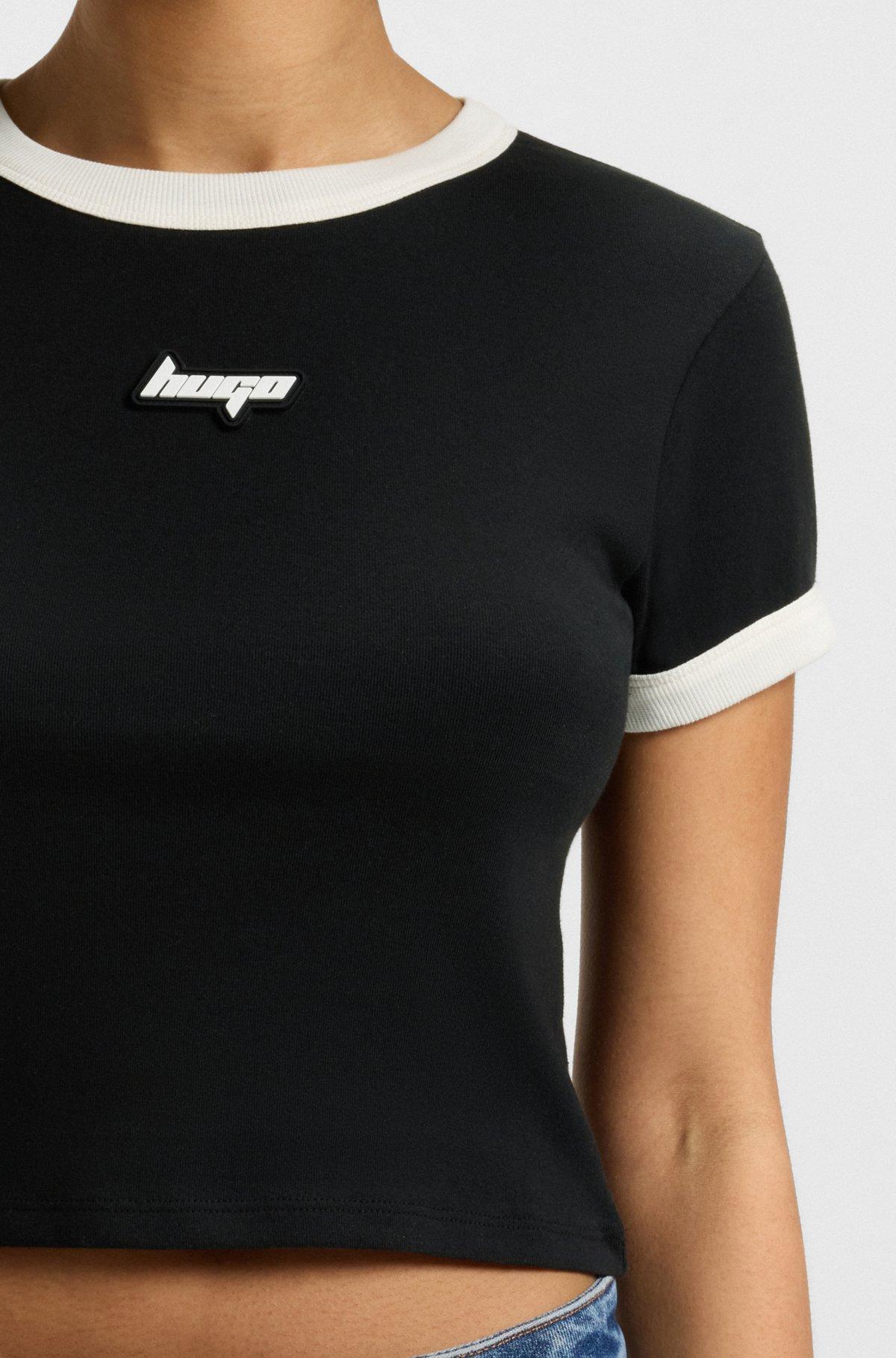 HUGO - Cropped ringer T-shirt in cotton with graphic print - Black Product Image