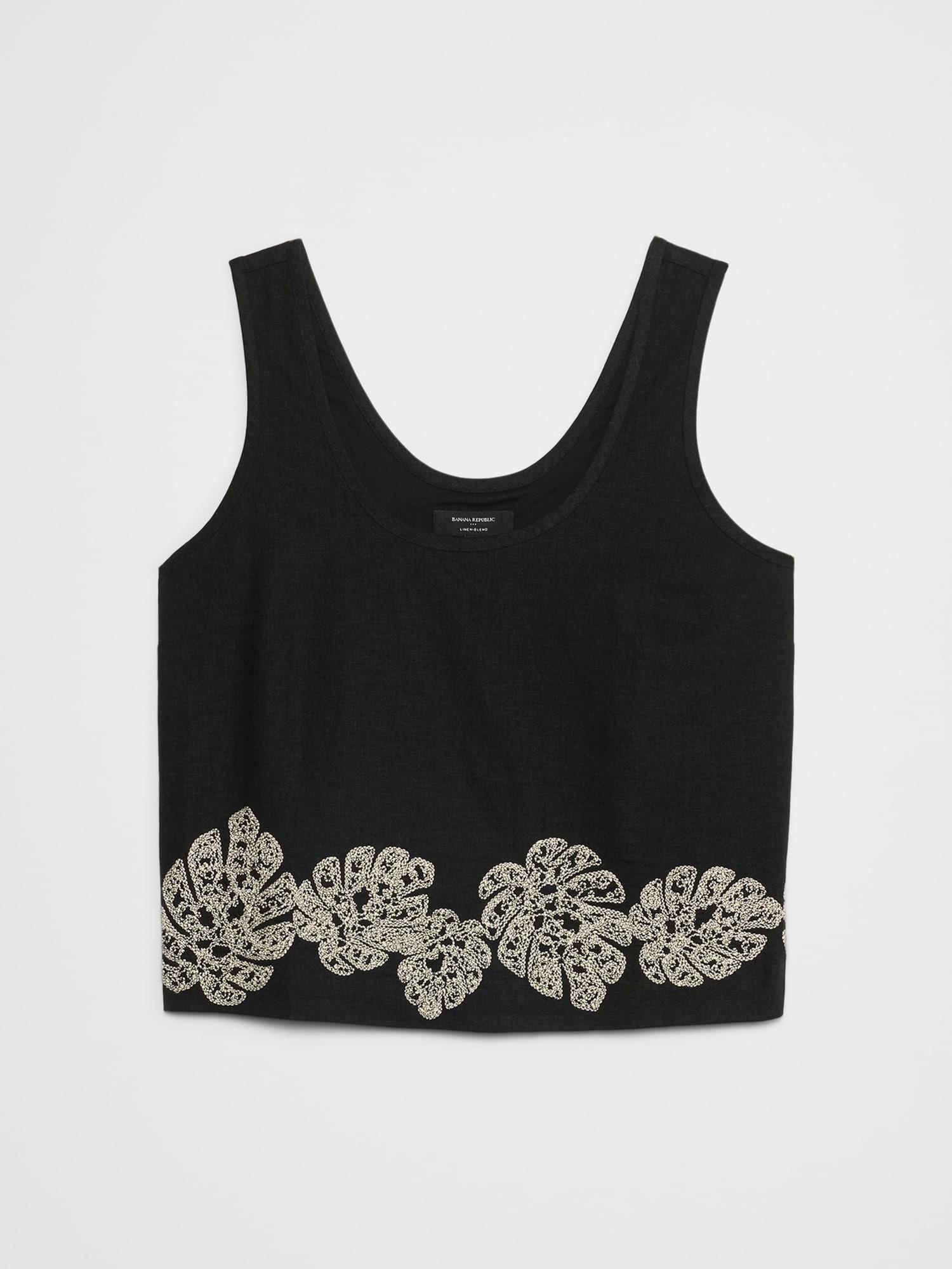 Linen-Blend Embroidered Scoop-Neck Top Product Image